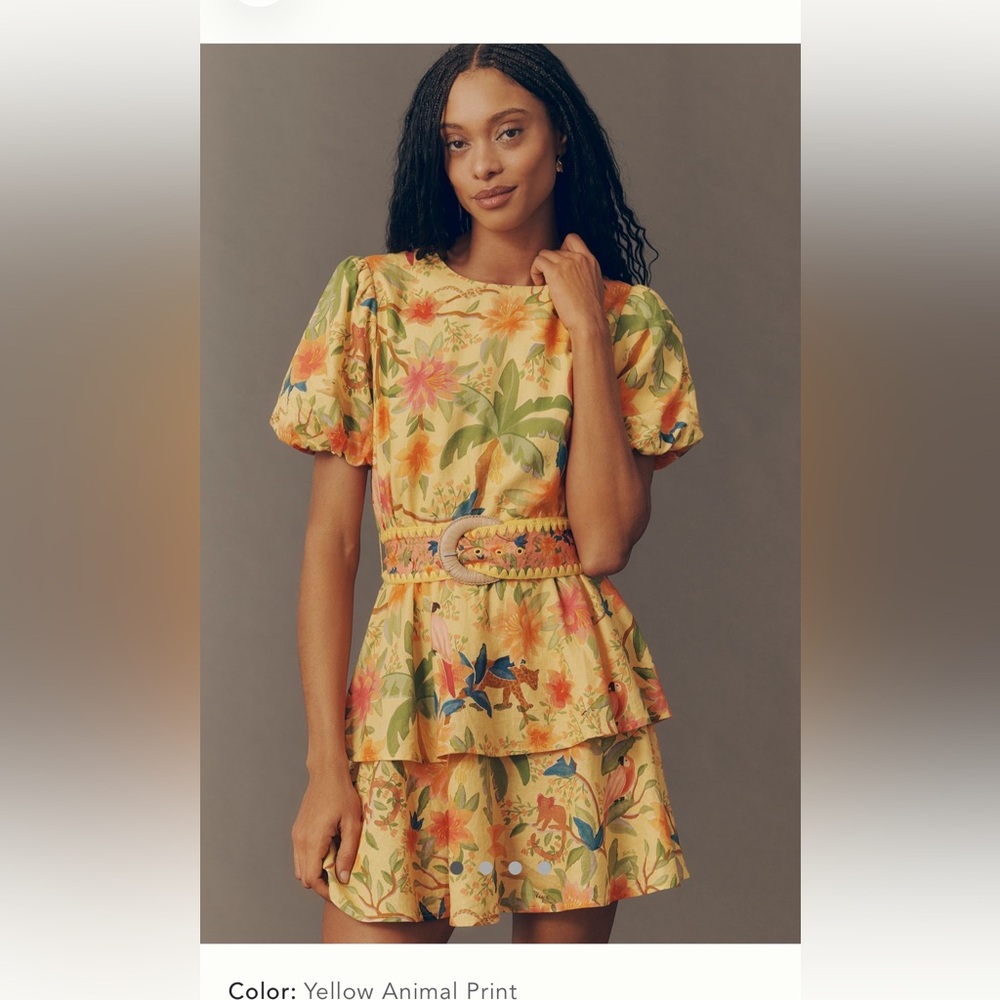 Farm Rio for Anthropologie Yellow Floral Mini Dress with Tropical Print